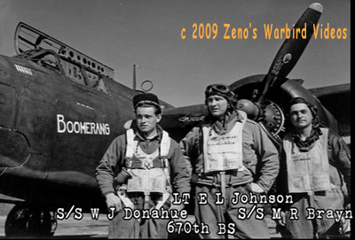 Photo of three crewmen with their Douglas A-20 Havoc "Boomerang, 416th Bomb group from the video " A-20 Havocs in Color with 416th Bomb Group Scrapbook""
