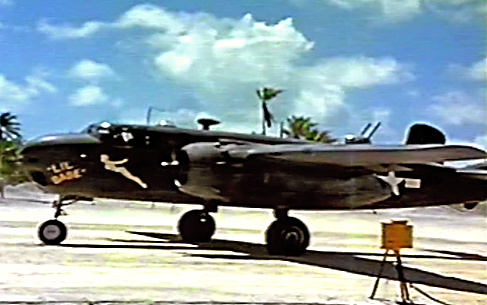Photo of a 75mm equipped North American B-25G Michell bomber, 48th Bomb Squadron on the Island of Apamama in World War 2 taken from the video "Winged Artillery."
