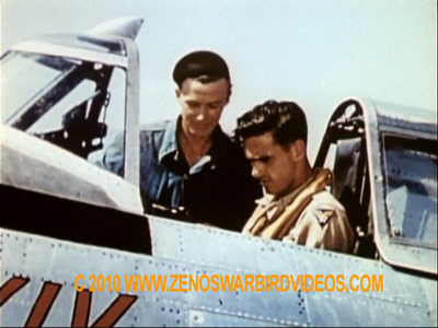 Photo of P-47 Thunderbolt pilot Lt. Colonel "Gil" Wyman, CO, 65th FS, in "HunÂ Hunter XIV" taken from the film "Thunderbolt!"