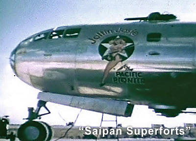 Photo of Boeing B-29 "Joltin Josie" nose art during World War 2 taken from the video "Saipan Superfort'" c 2010 www.zenoswarbirdvideos.com